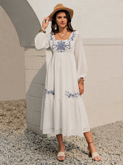 Printed Square Neck Balloon Sleeve Dress