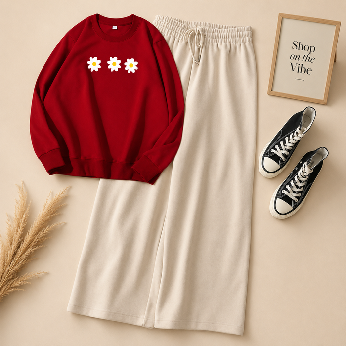3 DAISY RED SWEATSHIRT WITH BEIGE FLAPPER