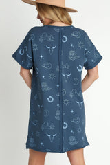 Umgee Full Size French Terry Short Sleeve Round Neck Dress Plus Size
