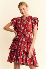 Davi & Dani Ruffle Flutter Sleeve Tie Belt Tiered Mini Dress