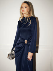Metal Detail Long-Sleeve Ruched Maxi Dress