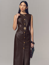 Belted Metal Button Faux Leather Sleeveless Maxi Dress
