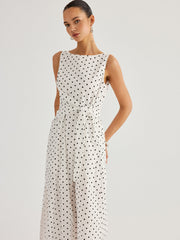 Polka Dot Tie Waist Cotton Linen Maxi Dress