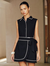 Contrast Piping Sleeveless Collared Cotton Mini Dress