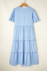 Stripe Bubble Short Sleeve Tiered Scallop Midi Dress