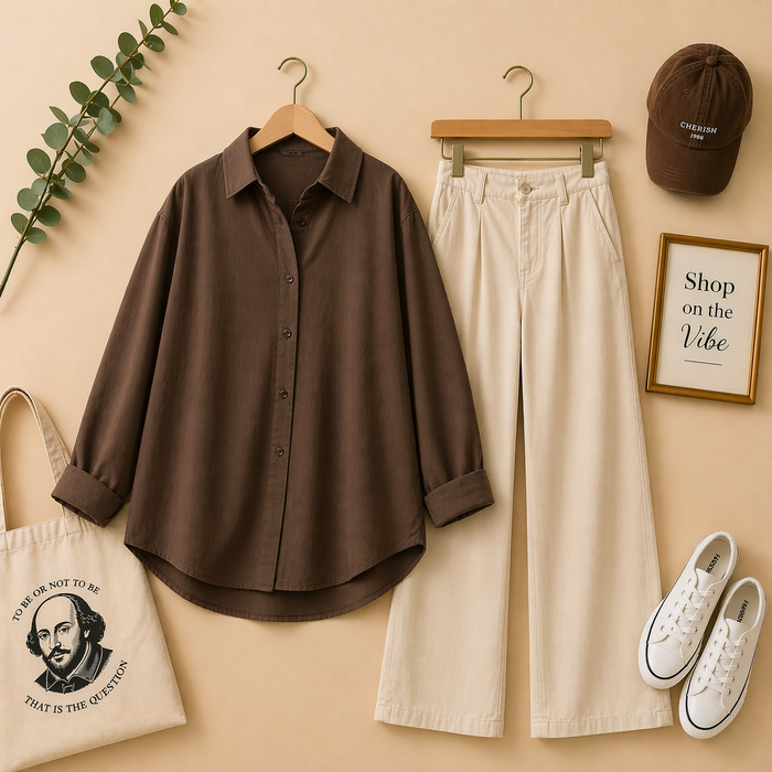 BROWN BUTTON DOWN SHIRT WITH BEIGE WIDE LEG JEANS