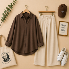 BROWN BUTTON DOWN SHIRT WITH BEIGE WIDE LEG JEANS
