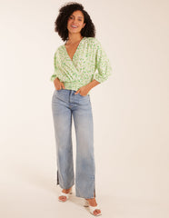 Leopard Print Elasticated Sleeve Wrap Front Elastic Hem Top
