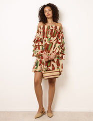 Printed Frill Sleeve Bardot Off Shoulder Tunic Dress