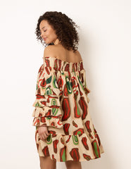 Printed Frill Sleeve Bardot Off Shoulder Tunic Dress