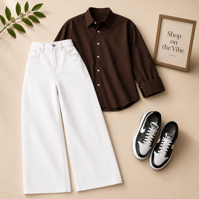 DARK BROWN BUTTON DOWN SHIRT WITH WHITE WIDE LEG JEANS
