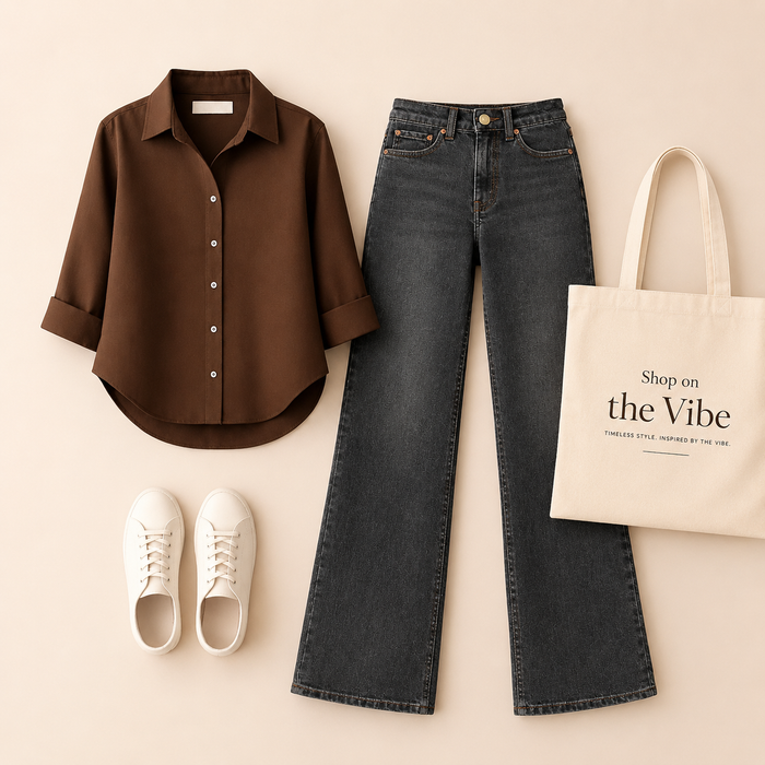 DARK BROWN BUTTON SHIRT WITH MALAYSIAN BLACK WIDE LEG JEANS