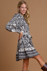 Umgee Full Size Two Tone Floral Border Print Tie Waist Mini Dress Plus Size