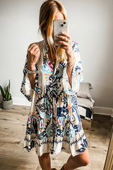 Printed Notched Three-Quarter Sleeve Mini Dress