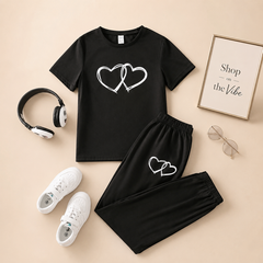 HEART CONNECTION BLACK TEE WITH BLACK TROUSER