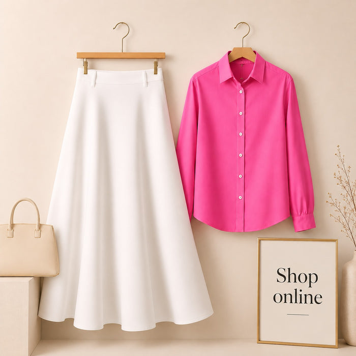 HOT PINK BUTTON DOWN WITH WHITE COTTON TWILL SKIRT