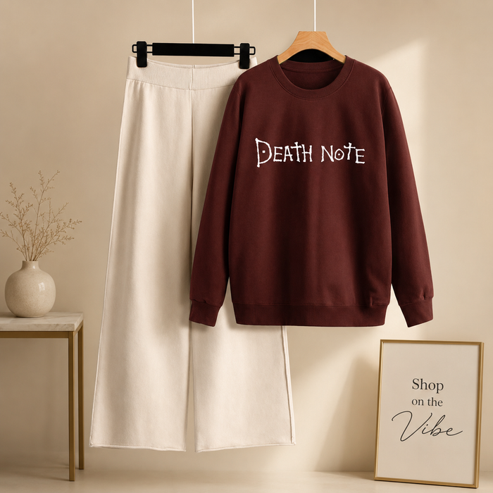 MAROON SWEATSHIRT DEATH NOTE WITH BEIGE FLAPPER