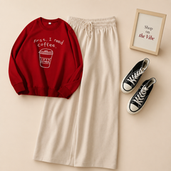 RED SWEATSHIRT FIRST I NEED COFEE WITH BEIGE FLAPPER