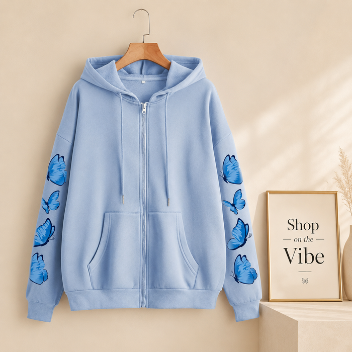 SKY BLUE ZIPPER HOOD BLUE BUTTERFLY LINE ON SLEEVES