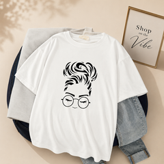 WHITE TEE HAIRY BUN GIRL
