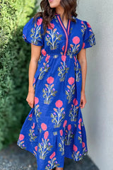 Floral Puff Short Sleeve Notched High Waist Dress