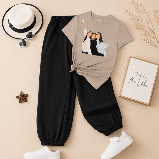 3 GIRLS CREAM TEE WITH BLACK TROUSER