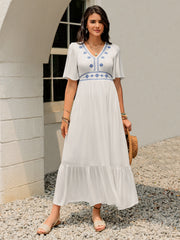 Ruffled Hem V-Neck Flutter Sleeve Dress