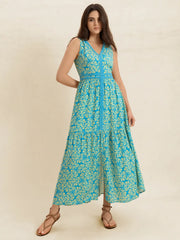 Slit Printed V-Neck Sleeveless Dress