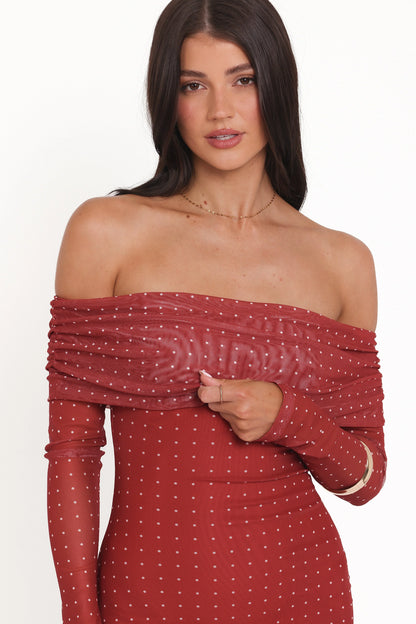 Zeva Off Shoulder Maxi Dress - Burgundy Spot