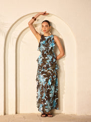 Chiffon Floral Print Sleeveless Dress With Ruffled Detail