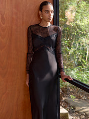 Sheer Lace Panel Satin Midi Dress