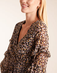 V Neck Frill Sleeve Wrap Midi Dress