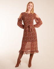 Cold Shoulder Frill Midi Dress