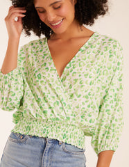 Leopard Print Elasticated Sleeve Wrap Front Elastic Hem Top