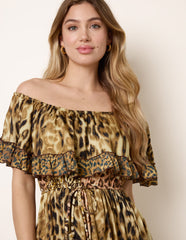 Animal Print Off The Shoulder Maxi Tiered Dress