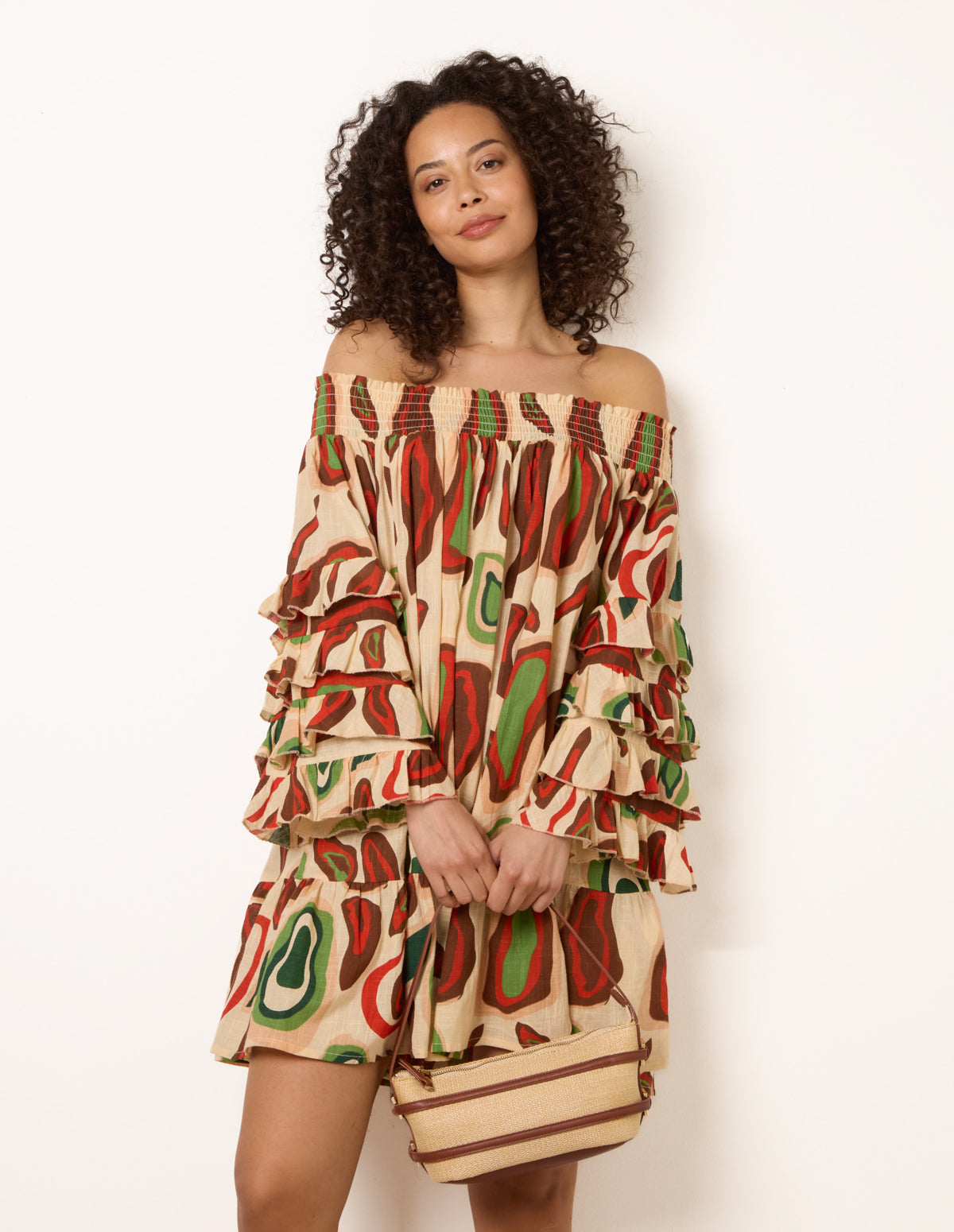 Printed Frill Sleeve Bardot Off Shoulder Tunic Dress