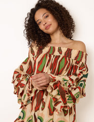 Printed Frill Sleeve Bardot Off Shoulder Tunic Dress