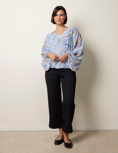 Abstract Print V Neck Puffball Top