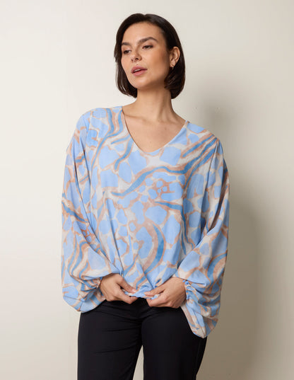 Abstract Print V Neck Puffball Top