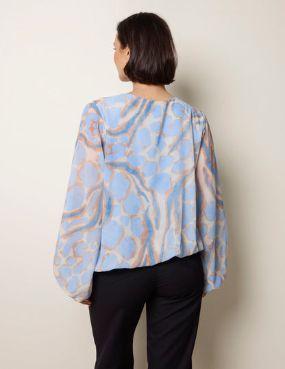 Abstract Print V Neck Puffball Top
