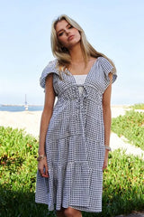 Davi & Dani Jacquard V-Neck Flutter Cap Sleeve Tiered Dress