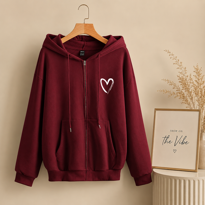 MAROON ZIPPER HOOD POCKET SHREDDED HEART