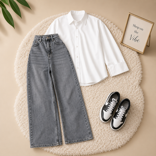 WHITE  BUTTON DOWN SHIRT WITH CHARCOAL WIDE LEG JEANS