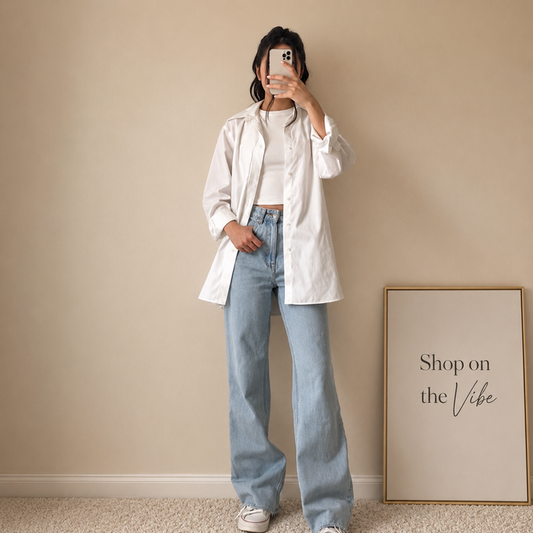 WHITE BUTTON DOWN SHIRT WITH WHITE INNER AND SKY BLUE WIDE LEG JEANS