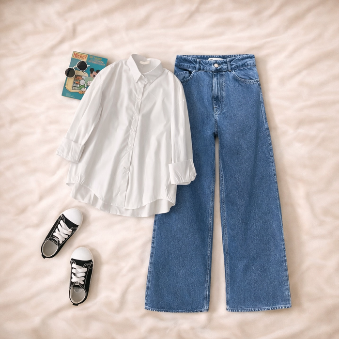 WHITE BUTTON SHIRT WITH MID BLUE WIDE LEG