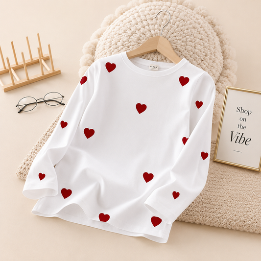 WHITE FULL SLEEVE TEE RED HEARTS ALL OVER