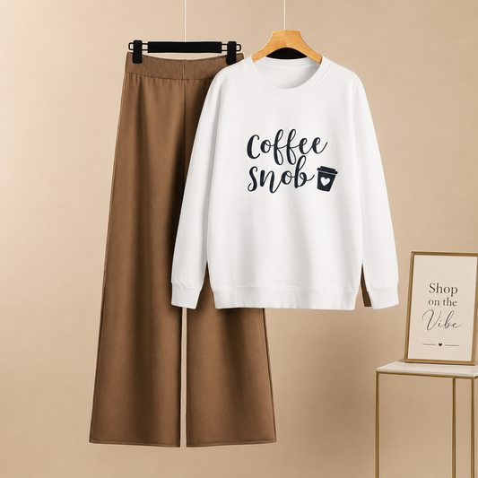 WHITE SWEATSHIRT COFFEE SNOB WITH BROWN FLAPPER