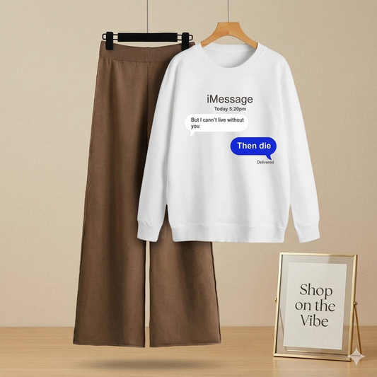WHITE SWEATSHIRT IMESSAGE WITH BROWN FLAPPER