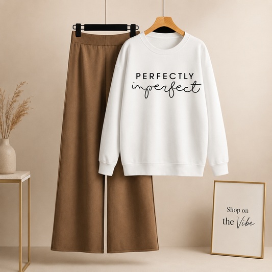 WHITE SWEATSHIRT PERFECTLY IMPERFECT WITH BROWN FLAPPER