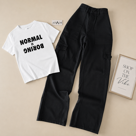 WHITE TEE NORMAL IS BORING WITH BLACK CARGO JEANS
